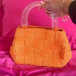 Orange Woven Handbag with Clear Handle